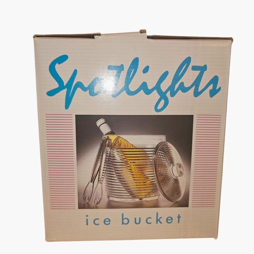 Vintage 1980s Spotlights Clear Ribbed Acrylic Ice Bucket with Lid and‎ Tongs USA